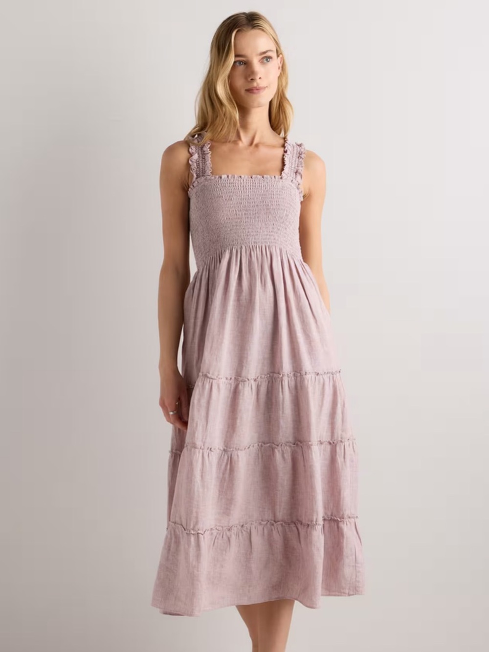 Quince Vintage Pink Chambray 100% European Linen Smocked Midi Dress NWT